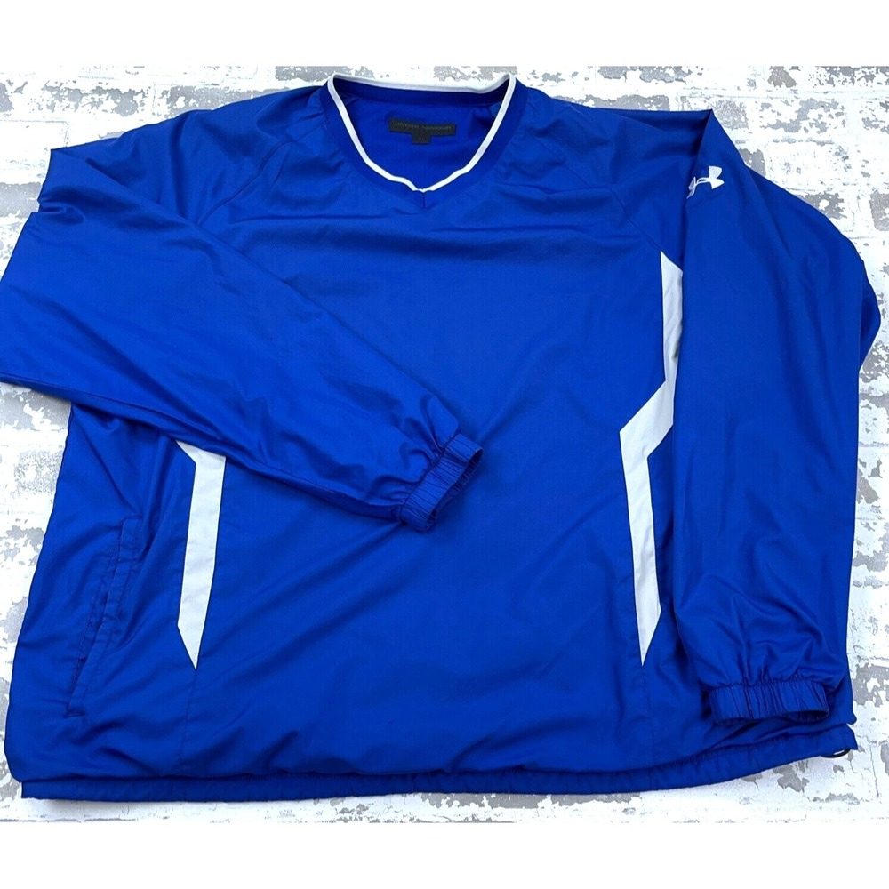 Under Armour Jacket Men XL Blue White Pullover Windbreaker Windshirt Golf V Neck